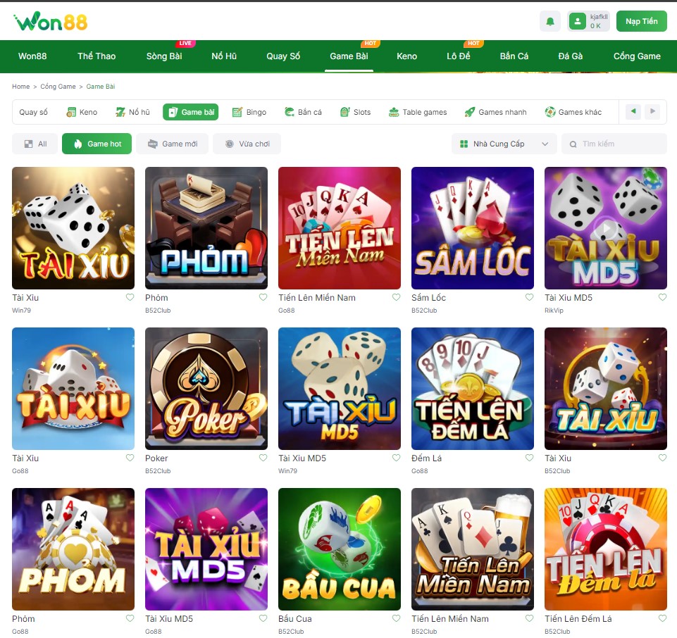 Chơi game bài Won88